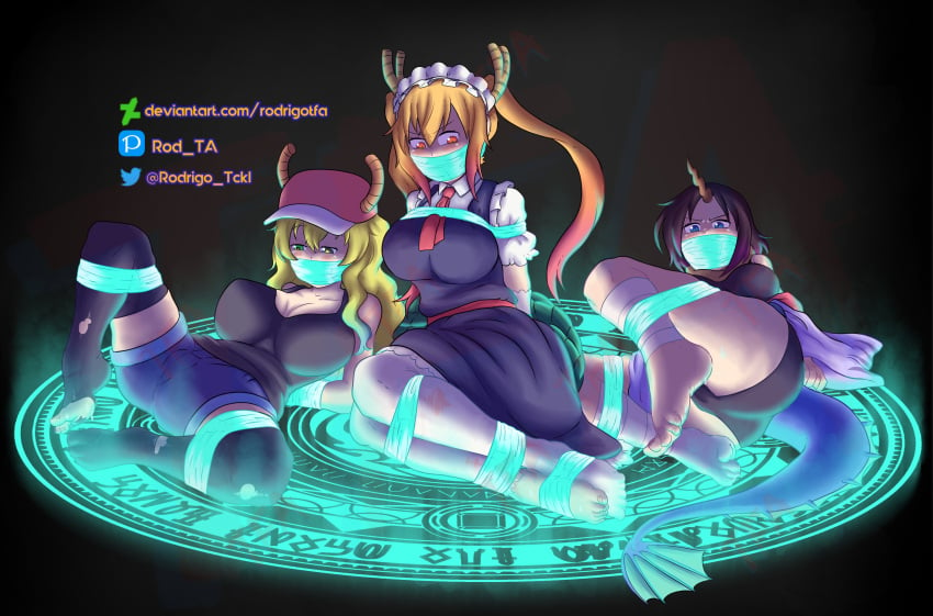 absurd_res arms_behind_back ass big_breasts black_background bondage bound_arms bound_legs breasts deviantart_logo deviantart_username elma_(dragon_maid) feet gag gagged kobayashi magic_circle miss_kobayashi's_dragon_maid quetzalcoatl_(dragon_maid) rodrigo_tckl round_ass sweat sweating tape_gag taped_mouth thick_ass thick_legs thick_thighs twitter_logo twitter_username