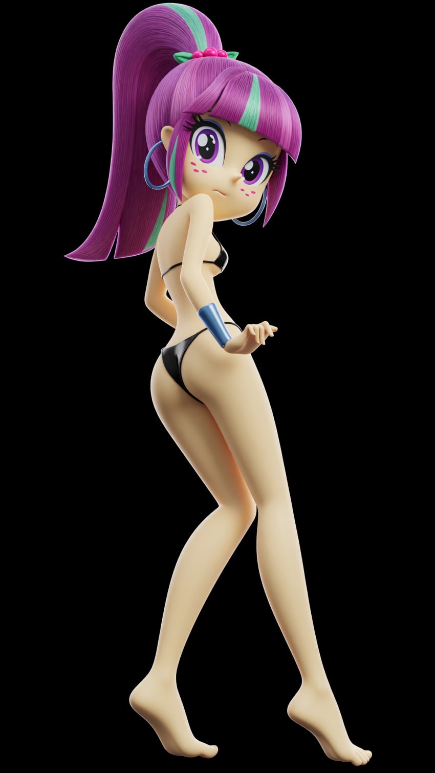 3d 3d_render ai_assisted barefoot bent_wrist bikini bikini_bottom bikini_top black_bikini embarrassed equestria_girls feet friendship_is_magic from_behind my_little_pony sour_sweet sour_sweet_(eg) tiptoes