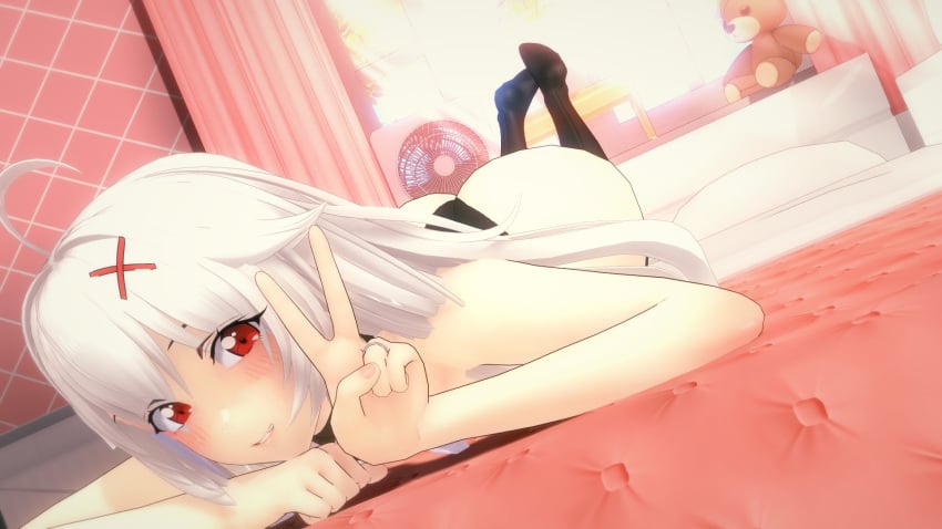 1girls 3d 3d_(artwork) ahoge alfaj0rricolino apple_butt bubble_butt butt erispheria lying_on_bed peace_sign red_eyes suggestive_look suggestive_pose twitch vtuber white_hair x_hair_ornament youtube youtube_hispanic