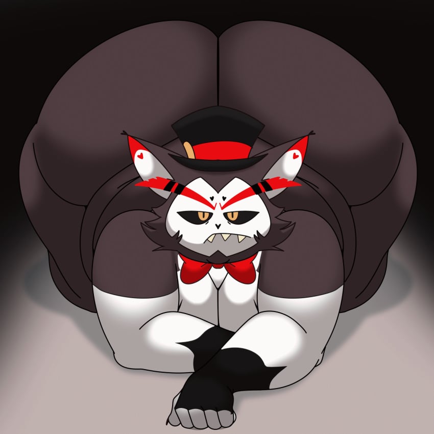 1boy animated anthro big_ass cat cat_ears cat_tail demon gray_fur hazbin_hotel huge_ass husk_(hazbin_hotel) male_only mostly_nude no_humans overweight_male simple_background top_hat wiggling_ass witdrawsloods yellow_eyes