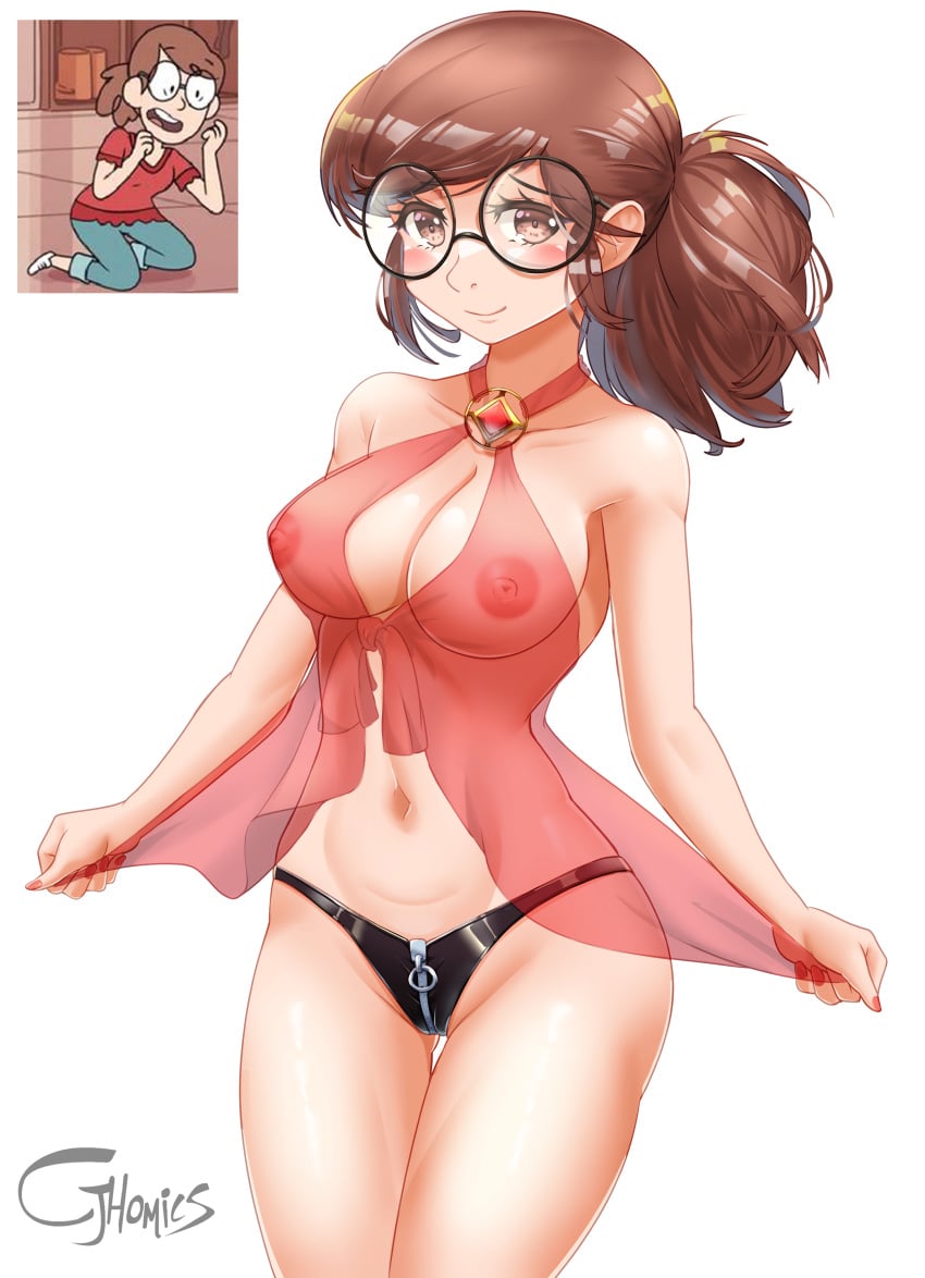 1girls 1milf absurdres ass_visible_through_thighs babydoll bangs black_eyes black_panties blush breasts brown_hair cjhomics cleavage david's_mom_(hilda) female glasses halterneck highres hilda_(series) long_hair looking_at_viewer milf navel negligee nipples panties ponytail see-through smile solo thigh_gap white_background zipper