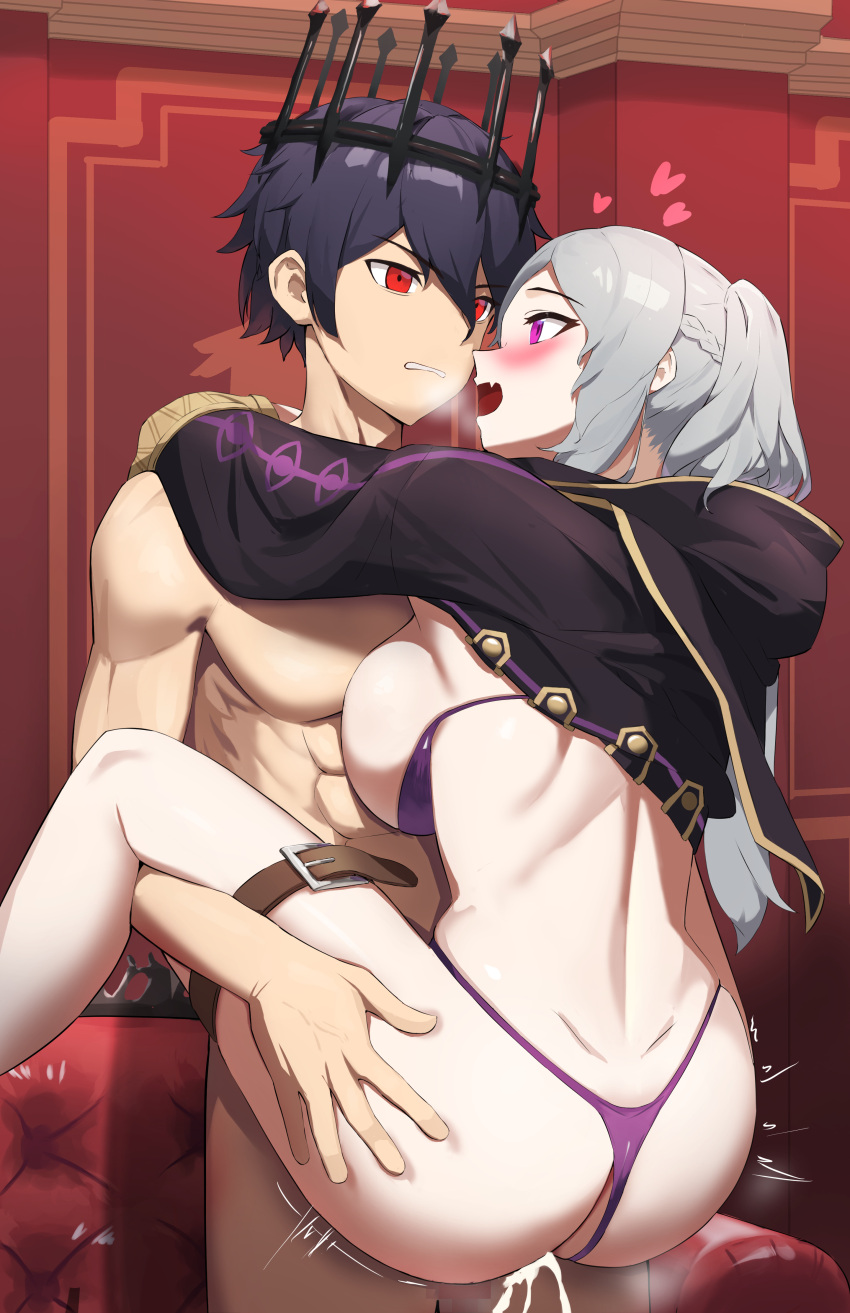 1boy 1girls abs arms_around_neck ass bangs black_coat blue_hair bra bra_pull braid breast_press breasts chrom_(fallen)_(fire_emblem) chrom_(fire_emblem) clothes_pull clothing_aside coat corruption crown cum cum_in_pussy cumdrip ejaculation eyebrows_visible_through_hair eyelashes female fire_emblem fire_emblem_awakening fire_emblem_heroes gold_trim grima_(fire_emblem) hair_between_eyes hand_on_another's_thigh happy_sex heart highres hip_bones hip_focus hood hood_down large_breasts leg_lift leg_up legs_apart male mazenda_(3378) medium_hair motion_lines muscular muscular_male nintendo open_mouth panties panties_aside pectorals penis possession purple_bra purple_eyes purple_panties red_eyes robin_(fire_emblem) robin_(fire_emblem)_(female) sex silver_hair smile standing standing_sex strap swept_bangs thigh_strap thong throne twintails underwear upright_straddle white_hair