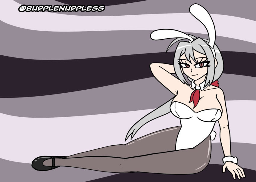 5_fingers brown_eyes bunny_ears bunny_tail bunnysuit burplenurpless cleavage danganronpa danganronpa_another fanganronpa hair_ornament long_hair ponytail scrunchie sdra2 shirt_collar shirt_cuffs shoes silver_hair sora_(super_danganronpa_another_2) straight_hair super_danganronpa_another_2