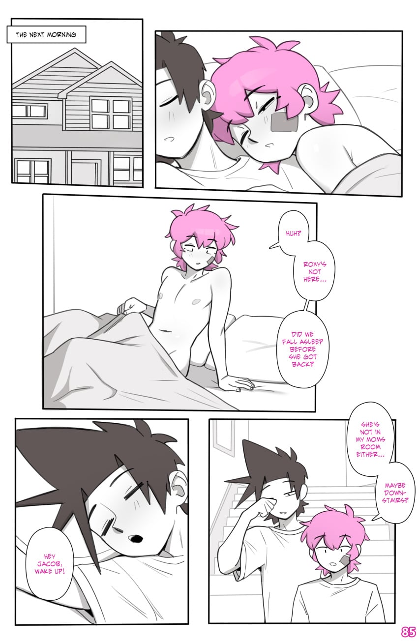 2boys aftermath comic dross jacob_(dross) morning morning_after naked patch pink_hair roxanne_(dross) tagme taylor_(dross) waking_up