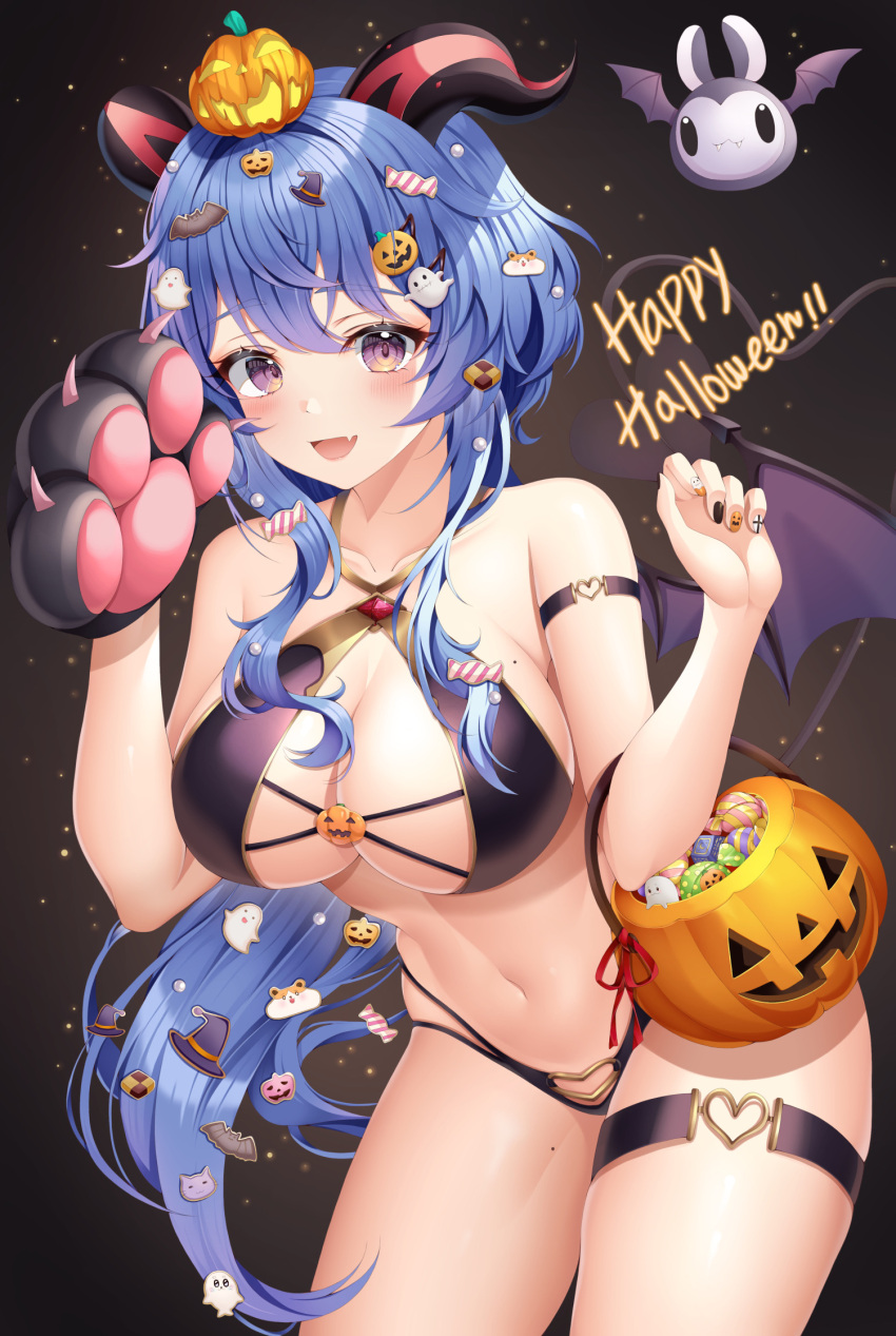 1girls adeptus big_breasts blue_hair bra breasts ganyu_(genshin_impact) genshin_impact halloween horns lingerie panties purple_eyes qilin ssong2 strap_bra thick_thighs thighs