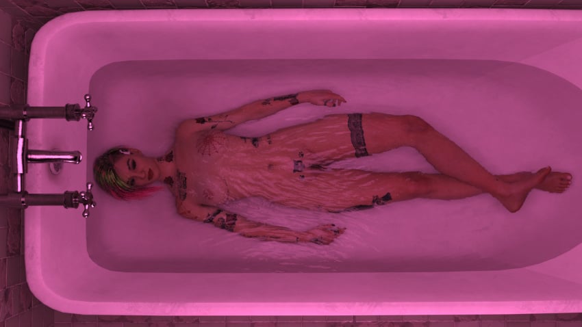 1girls 3d bathtub completely_nude completely_nude_female cyberpunk_2077 daz_studio female female_only from_above full_body judy_alvarez latina latina_female nude nude_female o97t5s solo tattoo