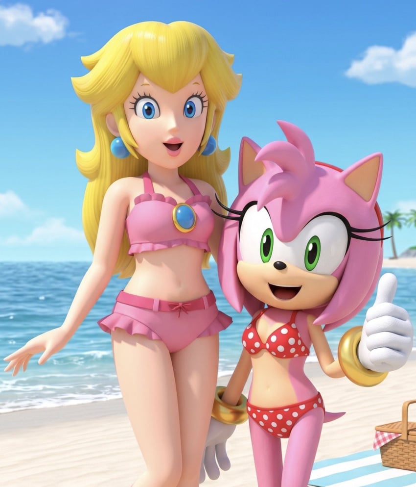 2girls 3d 3d_(artwork) ai_generated amy_rose bare_legs beach bikini blanket blonde_hair blue_eyes day earrings gloves green_eyes groin hairband legs mario_(series) nintenart3d nintendo ocean palm_tree picnic_basket picnic_blanket pink_bikini pink_bikini_bottom pink_bikini_top pink_bra pink_fur pink_hair polka_dot_bikini princess princess_peach red_bikini red_bikini_bottom red_bikini_top red_bra red_hairband sand sea sega size_difference smile sonic_(series) swimsuit tail thumbs_up white_gloves white_polka_dots