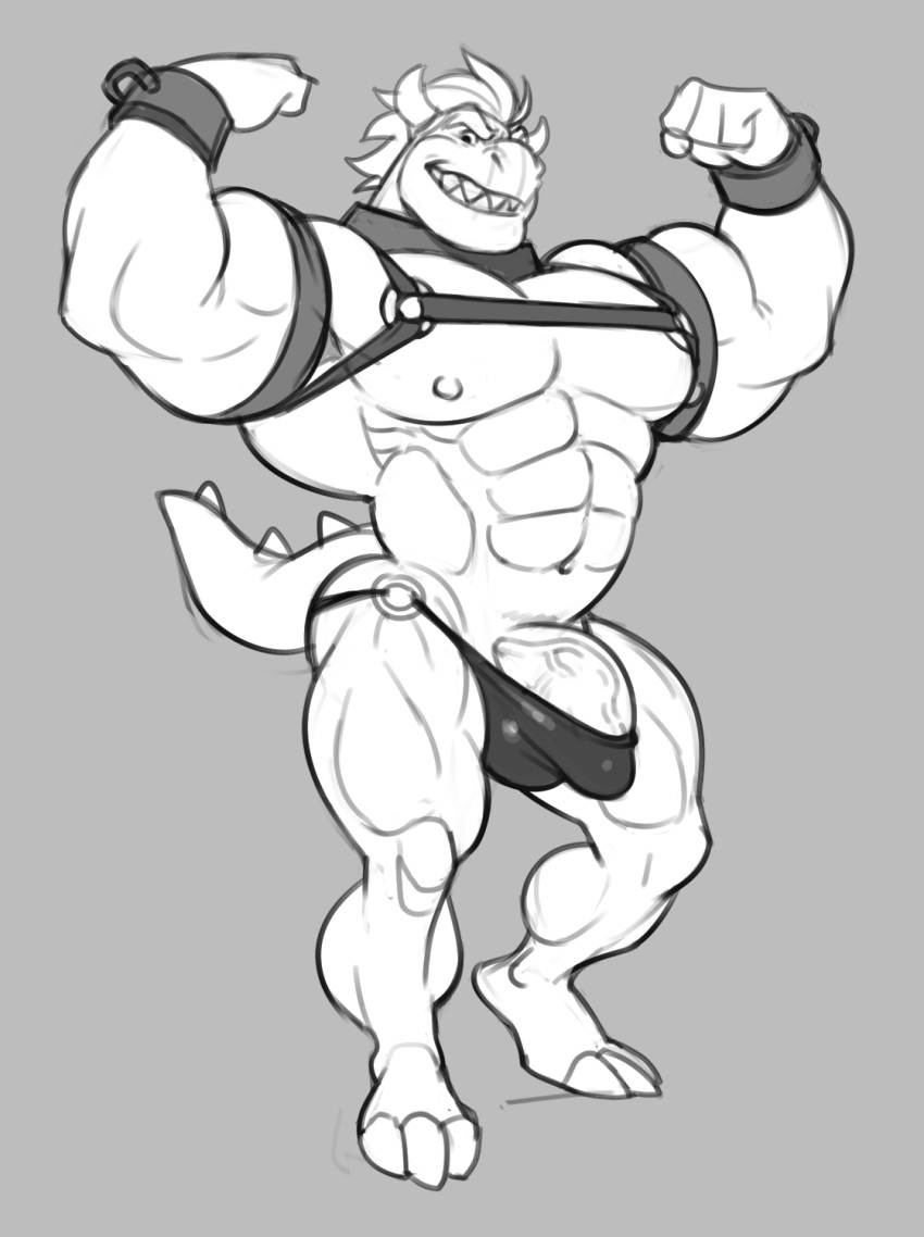 abs analon_(artist) anthro big_arms big_pecs bowser bulge clothing flexing genitals grey_background harness hi_res koopa male male_only mario_(series) monochrome muscular muscular_male navel nintendo nude pecs penis scalie simple_background sketch solo speedo swimwear thick_thighs toomanyboners video_games