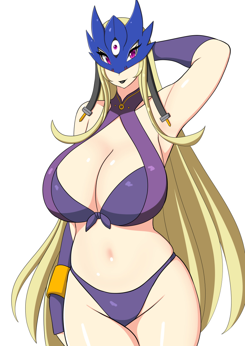 1girls 3_eyes beelstarmon bikini black_lipstick blonde_hair breasts cleavage digimon female female_only hand_behind_head large_breasts lipstick long_hair looking_at_viewer mask multi_eye navel purple_eyes smile solo somegu white_background