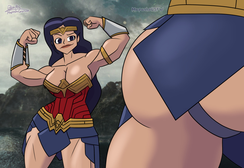 arm_bracers ass biceps big_ass big_breasts blue_eyes blue_hair breasts corset dc dc_comics dc_extended_universe diana_prince mapashonsfw miniskirt muscles muscular muscular_female skirt smile strong superheroine thick_thighs thighs tiara white_skin wonder_woman wonder_woman_(series)