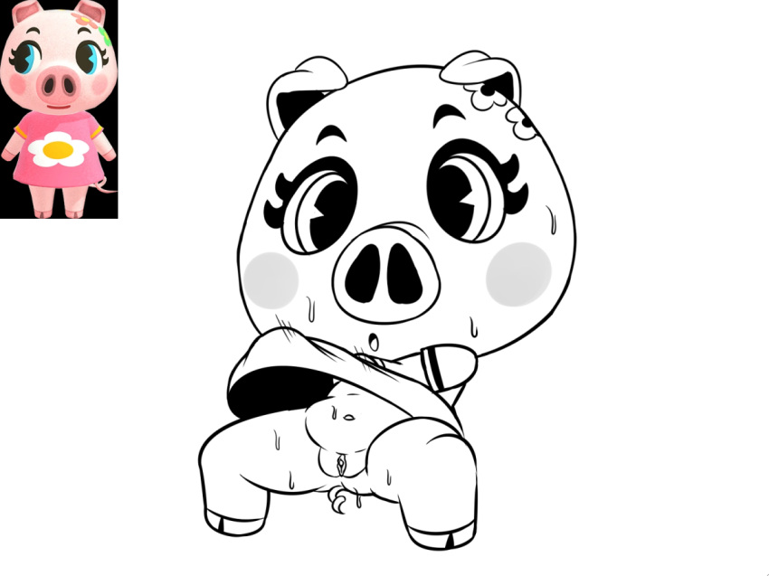 animal_crossing anthro belly black_and_white bodily_fluids clothing domestic_pig female gala_(animal_crossing) genitals hooves mammal monochrome navel nintendo pussy simple_background solo suid suina sus_(pig) sweat thunderfap video_games white_background