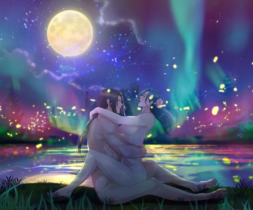 ambiguous_penetration black_hair blue_hair breasts closed_eyes completely_nude cowgirl_position detailed_background female hug lake landscape lesya7 male moaning moon naked naruto naruto_(series) naruto_shippuden night nipples original_character outdoors ponytail red_eyes romantic romantic_ambiance sex sharingan sitting sitting_on_person straddling straight sweat tied_hair uchiha_itachi