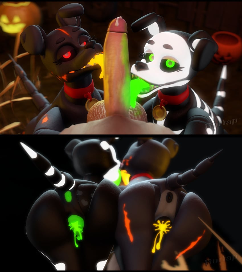 3d bestiality big_penis burlapiscool collaborative_fellatio feral fetch_(fnaf) five_nights_at_freddy's halloween human human_on_feral jack-o'-lantern licking_penis male_on_feral outfit pov pussy_juice robot zoophilia