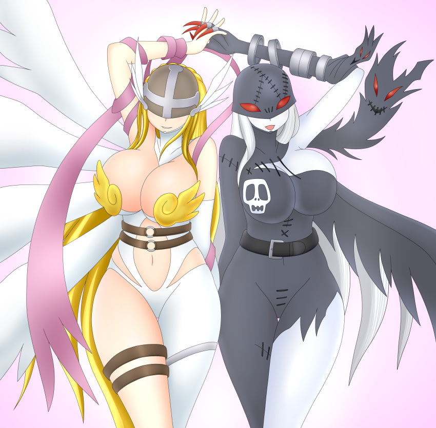 2girls angel angel_and_devil angel_wings angewomon asymmetrical_clothes belt blonde_hair breasts cleavage clothed devil digimon eyes_covered female female_only hand_holding highres implied_yuri ladydevimon large_breasts long_hair looking_at_viewer mask navel open_mouth pale_skin red_eyes ribbon smile somegu torn_clothes white_hair white_skin wings