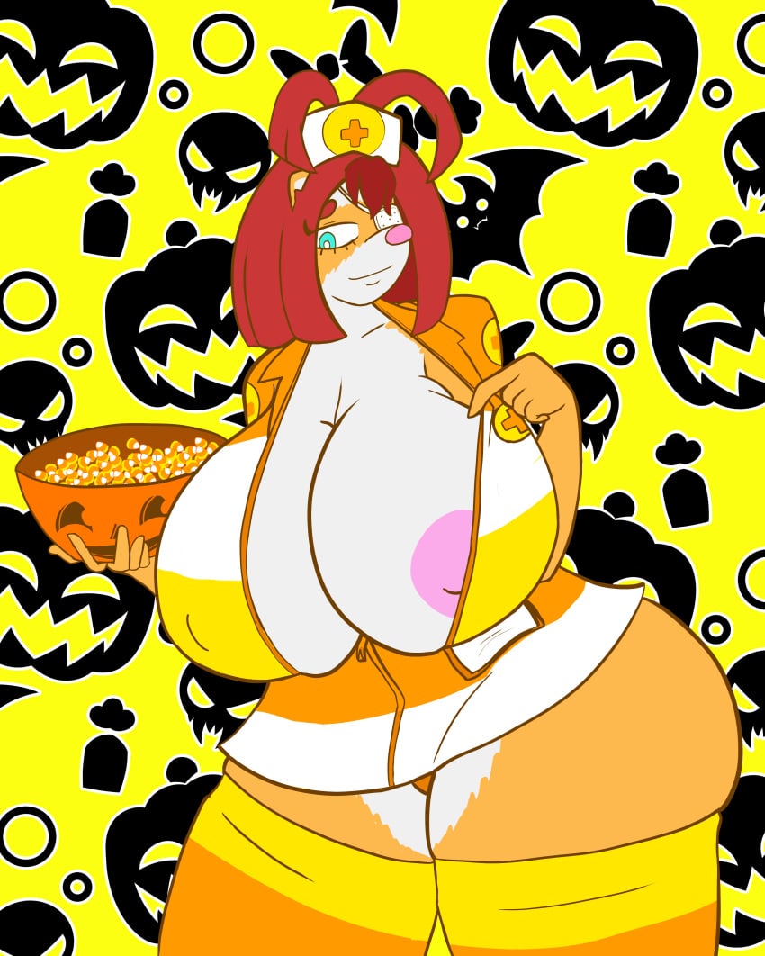 absurd_res anthro big_breasts breasts clothing domestic_ferret erect_nipples eye_patch eyewear female food fruit halloween halloween_costume hi_res holidays kalya mammal mustela mustelid musteline nipples nurse_clothing plant pumpkin solo tamboribora thick_thighs true_musteline