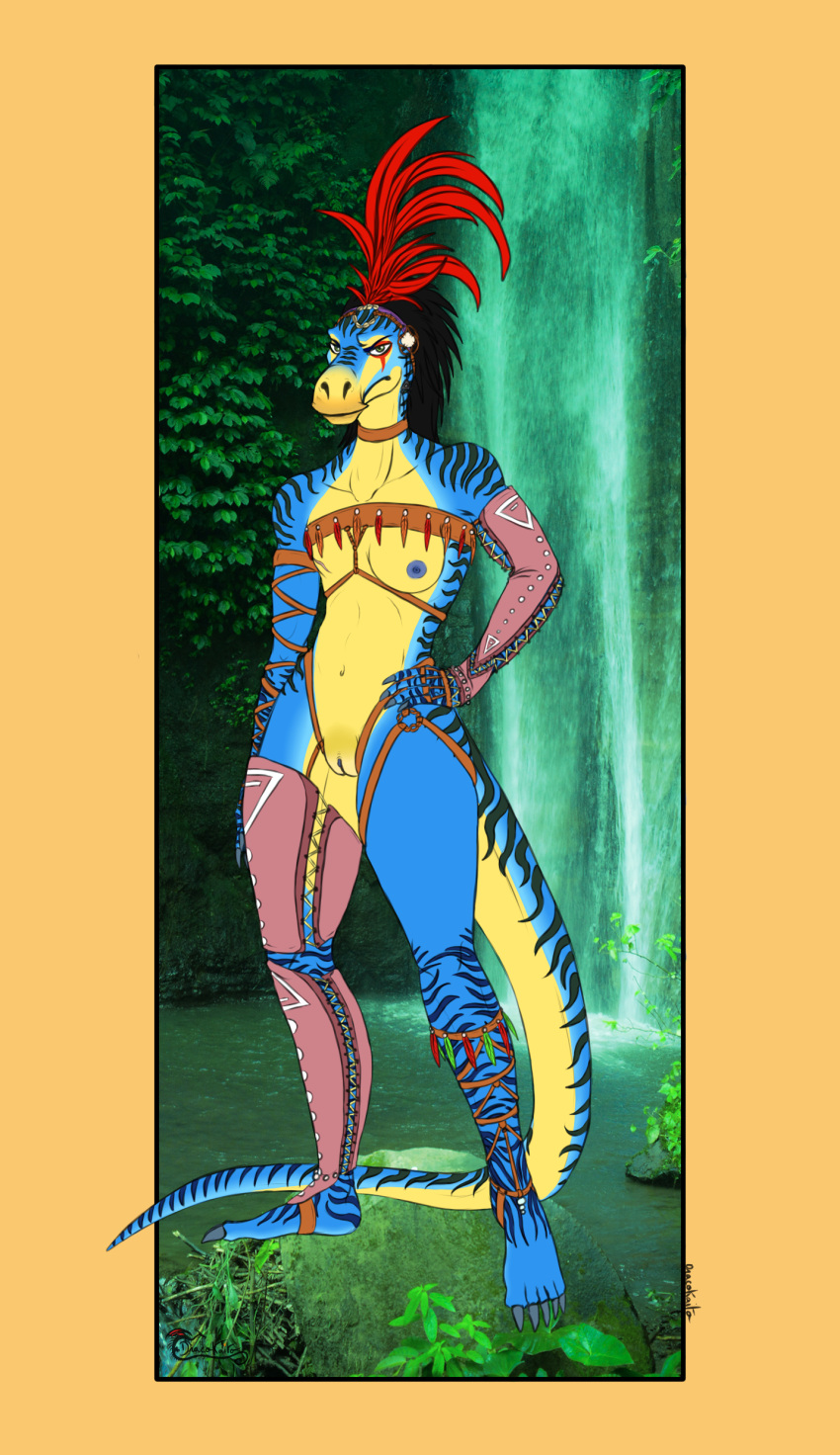 absurd_res anthro digital_media_(artwork) dinosaur dracokaito fantasy feathers female forest full-length_portrait hadrosaurid hi_res humanoid maiasaura muscular ornithischian plant portrait primal proud reptile scalie scar sketch solo tree tribal tropical warrior