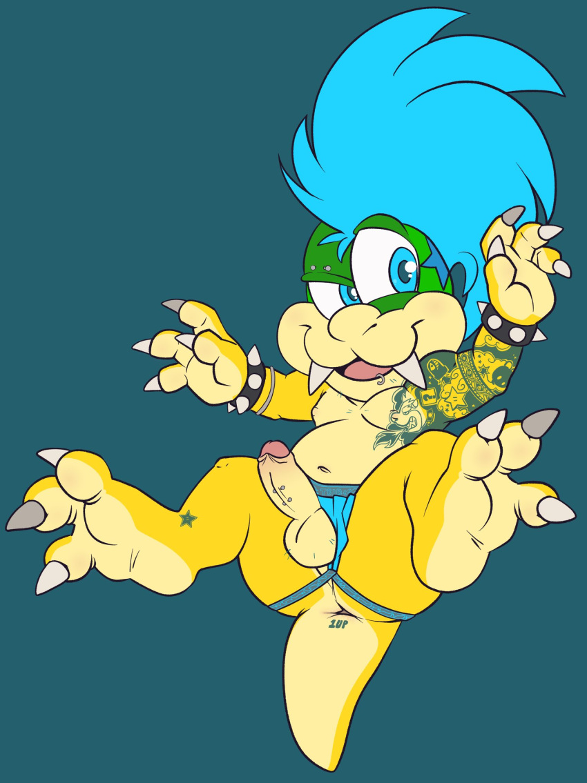 1boy anthro anus ass balls belly blue_hair blush bracelet claws clothing erection fangs genital_piercing genitals hair hi_res jewelry jockstrap koopa koopaling larry_koopa male male_only mario_(series) navel nintendo nipples penis penis_piercing piercing scalie slightly_chubby solo spiked_bracelet spikes tbid underwear video_games