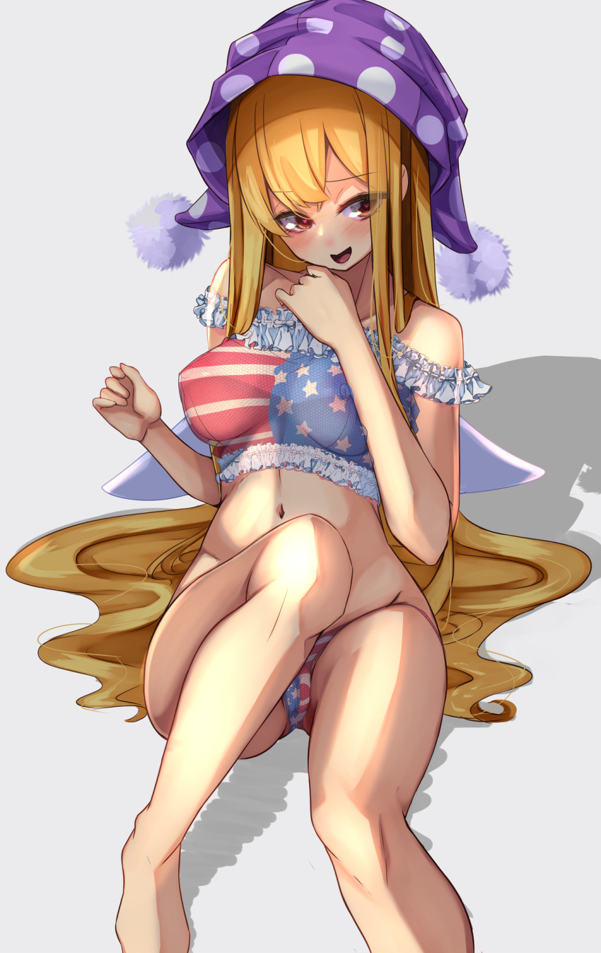 alternate_breast_size american_flag american_flag_panties blonde_hair breasts clownpiece female flag_print hat heart heart-shaped_pupils highres jester_cap large_breasts lingerie long_hair looking_at_viewer navel older open_mouth panties polka_dot polka_dot_headwear purple_headwear red_eyes see-through simple_background solo symbol-shaped_pupils touhou underwear very_long_hair white_background yukito_(dreamrider)