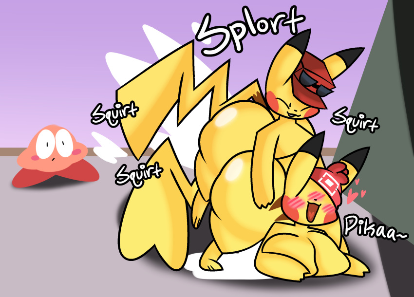 1girls 2boys anthro big_ass blush crossover cum female kirby kirby_(series) male nintendo pikachu pokémon_(species) pokemon sitrusnsfw stacked super_smash_bros.