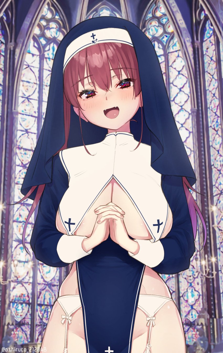 1girls areola_slip areolae breasts church cute_fang female female_focus female_only garter_belt garter_straps heart-shaped_pupils hololive hololive_fantasy hololive_japan houshou_marine large_breasts long_hair long_red_hair no_bra no_panties nun nun_habit nun_outfit oshiruko_(oshiruco_212048) pink_areola praying red_hair skimpy_dress smile stained_glass tassel underboob virtual_youtuber white_garter_belt white_garter_straps youtube youtuber