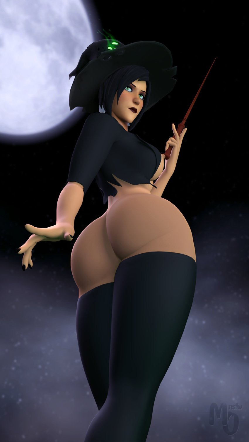 1girls 3d ass black_hair black_lipstick black_nails breasts female female_only from_below goth goth_girl gothic gothified green_eyes halloween human human_female human_only macoraynsfw nipples scout's_mother solo solo_female source_filmmaker stockings team_fortress_2 wand witch_hat