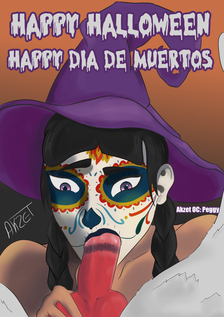 akzet black_hair blowjob braided_twintails canine canine_genitalia canine_on_human canine_on_humanoid canine_penis catalina_la_catrina dark-skinned_female dark_skin dia_de_los_muertos female female_human halloween hat holidays human knot latina male male/female male_canine mexican oc oral oral_penetration pov twintails witch_hat zoophilia