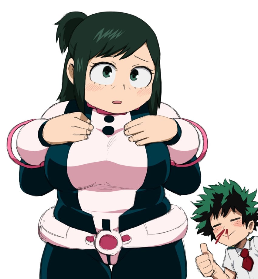 1boy 1girls blush chubby chubby_female clothed clothed_female clothed_male correct_artstyle cosplay costume green_eyes green_hair hero_outfit_(mha) inko_midoriya izuku_midoriya looking_at_viewer mature_female milf mother mother_and_son my_hero_academia nosebleed shoganight thumbs_up white_background