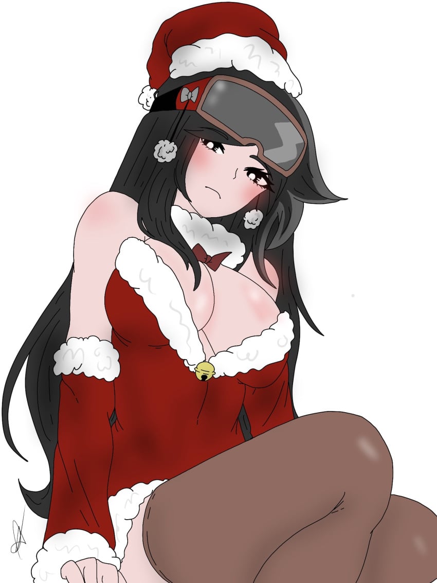 big_breasts black_eyes black_hair christmas christmas_outfit clothing female friday_night_funkin itsumi_(saltys_sunday_night) kuudere looking_at_viewer original razor saltys_sunday_night thighhighs