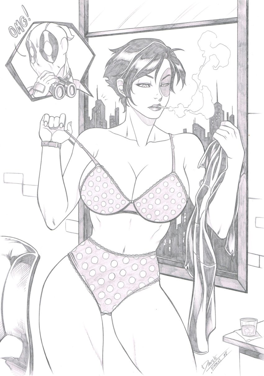 1girls alluring binoculars black_hair bra breasts cigarette cigarette_smoke city cityscape daniele_torres deadpool domino_(marvel) female female_focus glass_cup marvel marvel_comics neena_thurman open_window polka_dot_bra polka_dot_underwear short_hair thighs underwear undressing voluptuous wade_wilson window x-force x-men