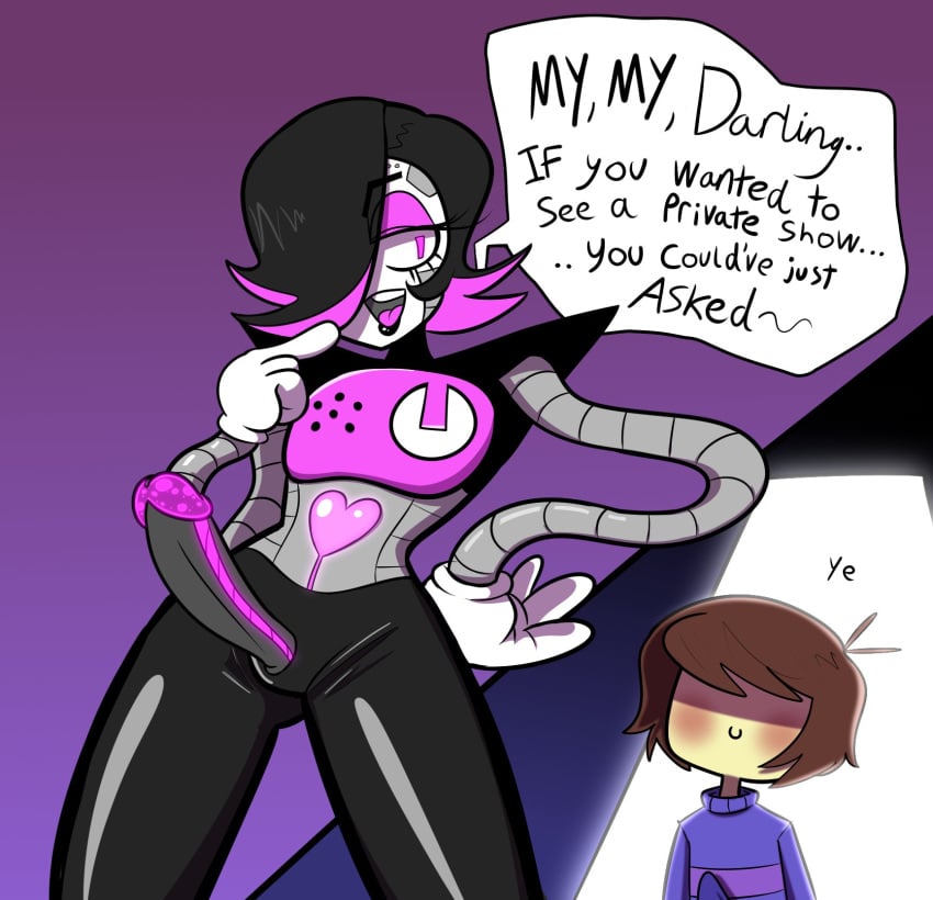 2boys androgynous big_penis blush dialogue erection_under_clothes femboy femboy_on_femboy frisk gay hair_over_one_eye hattsworth imminent_sex male male_only mettaton mettaton_ex penis robot robot_femboy robot_genitalia robot_humanoid robot_penis smile speech_bubble undertale yaoi