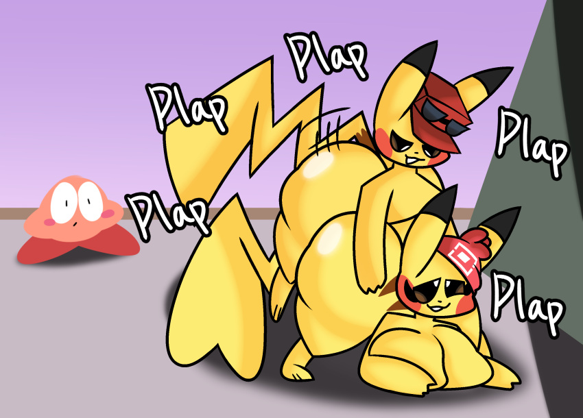 1girls 2boys anthro big_ass crossover female kirby kirby_(series) looking_pleasured male nintendo pikachu pokémon_(species) pokemon sitrusnsfw stacked super_smash_bros. tagme_(artist)