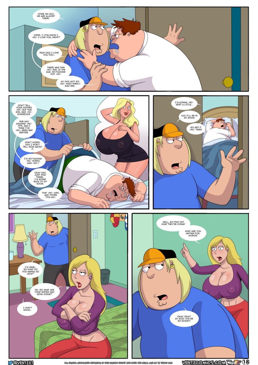 1boy 1girls 5_panel_comic arabatos black_dress blonde_hair blue_shirt breasts busty chris_griffin cleavage clothing comic connie_d'amico dialogue ear_piercing earrings family_guy father_and_son female hips hourglass_figure hyper_breasts lana_lockhart legs light-skinned_female light-skinned_male light_skin lips lipstick long_hair male nipple_bulge page_18 page_number peter_griffin piercing purple_shirt red_pants short_hair speech_bubble straight thick thick_legs thick_thighs thighs ventzcomics ventzx voluptuous white_shirt wide_hips