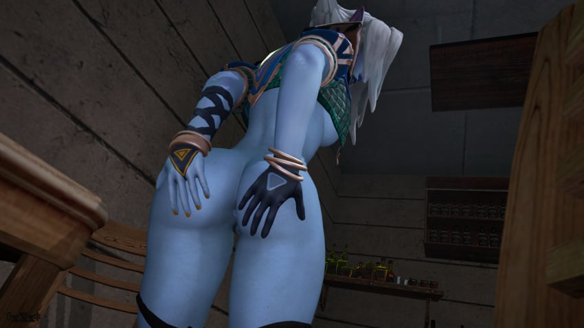 1girls 3d alcohol ass big_ass blue-skinned_female blue_skin bottomless cards female female_focus female_only hands_on_ass jtm_xxx paladins panties_down presenting_hindquarters saati_(paladins) source_filmmaker spread_anus spread_ass spread_butt standing_position tight_anus tight_pussy white_hair