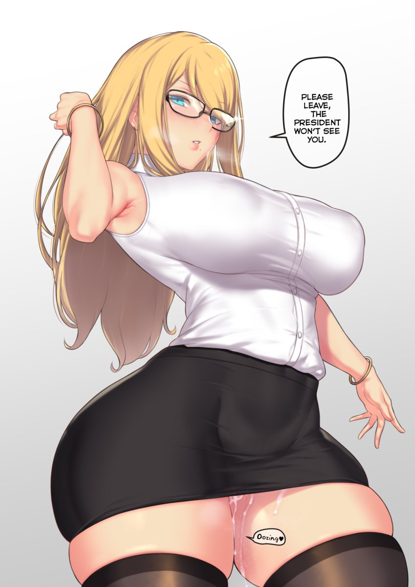 1girls after_sex alternate_breast_size aster_crowley bimbo black_stockings blonde_hair blue_eyes blush cleavage clothed_after_sex cum_wearing curvaceous curvy dress_shirt dripping_cum english english_text erect_nipples_under_clothes glasses highres huge_breasts human large_breasts long_hair looking_at_viewer metroid miniskirt naughty_face nintendo pencil_skirt plain_background samus_aran skirt solo speech_bubble standing stockings white_shirt