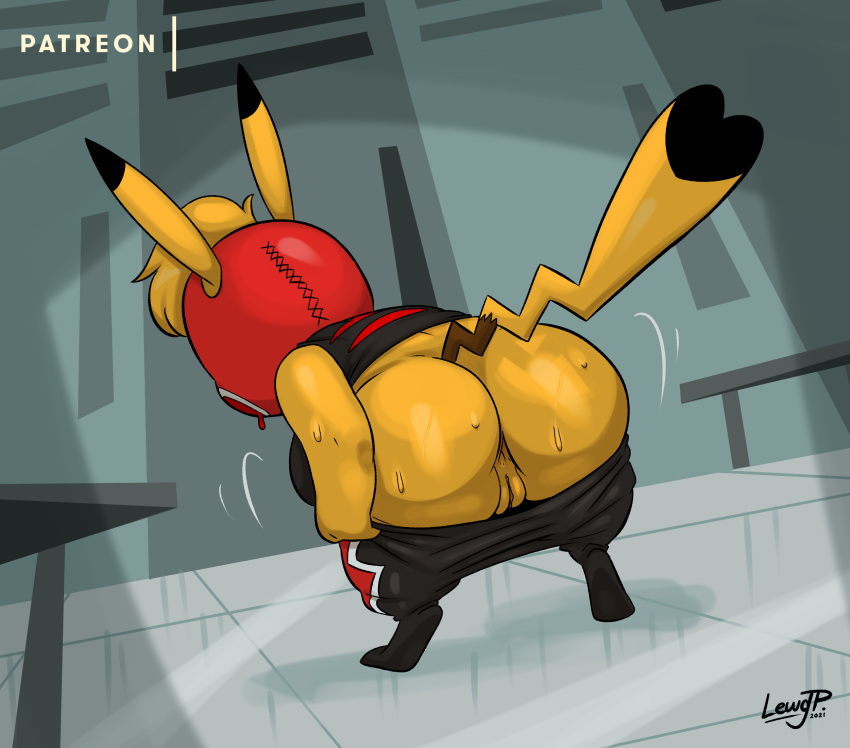 <3_tail anthro anus ass bent_over big_ass big_butt bodily_fluids cleft_tail clothed clothing cosplay_pikachu cosplay_pikachu_(character) dipstick_ears dipstick_tail female hi_res joaoppereiraus kanna_(joaoppereiraus) markings multicolored_ears nintendo pants_down partially_clothed pikachu pikachu_libre pokémon_(species) pokemon solo sweat tail_markings video_games