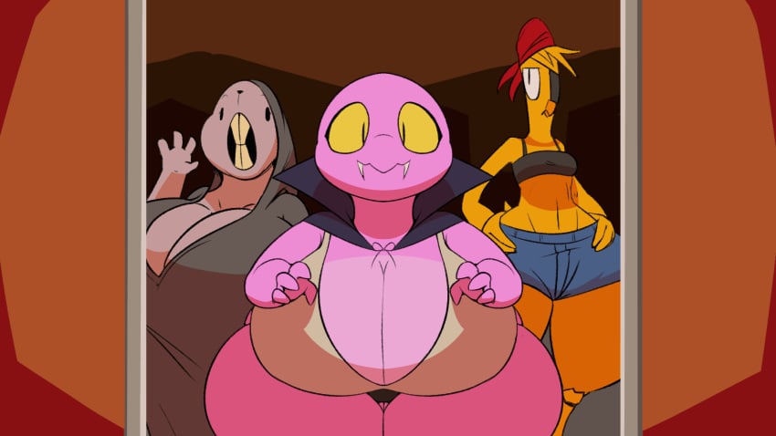 animated avian bird breasts brittle_(plaga) canary chipper_(plaga) cleavage female fur gravelin halloween halloween_costume huge_breasts mole_rat original original_character original_characters pecky_(plaga) plaga scalie text thick_thighs wide_hips