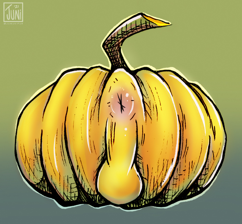 2021 absurd_res anus backsack balls dated food fruit genitals gradient_background halloween hi_res holidays inanimate_object juwunipur male male/male perineum pink_anus plant pumpkin simple_background