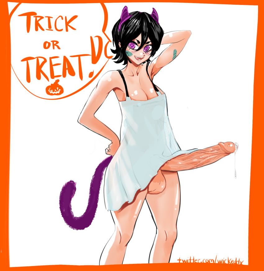 1futa balls big_penis black_hair bleach bottomless breasts clothed clothing dress erection futa_only futanari hairband halloween huge_balls huge_cock human kuchiki_rukia light-skinned_futanari light_skin mostly_clothed pale_skin penis precum precum_drip short_hair solo standing trick_or_treat wickedx