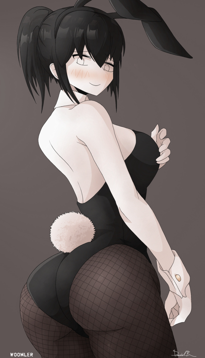 1girls ass ass_focus back black_hair black_stockings blossom_hope blush blushing_at_viewer breasts bunny_ears bunny_girl bunnysuit female female_only looking_at_viewer looking_back looking_down medium_breasts misaki_takamiya ponytail sideboob signature simple_background smile solo stockings thick_thighs watermark white_eyes white_skin woomler