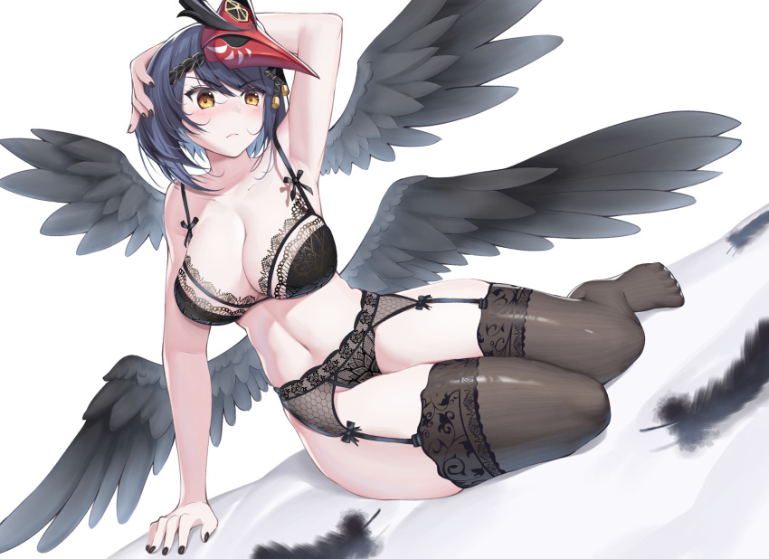 1girls 4_wings big_breasts black_wings blue_hair bra breasts crow_wings genshin_impact himeliofon kujou_sara lace lingerie mask midriff multi_wing navel panties thick_thighs thighhighs thighs wings yellow_eyes