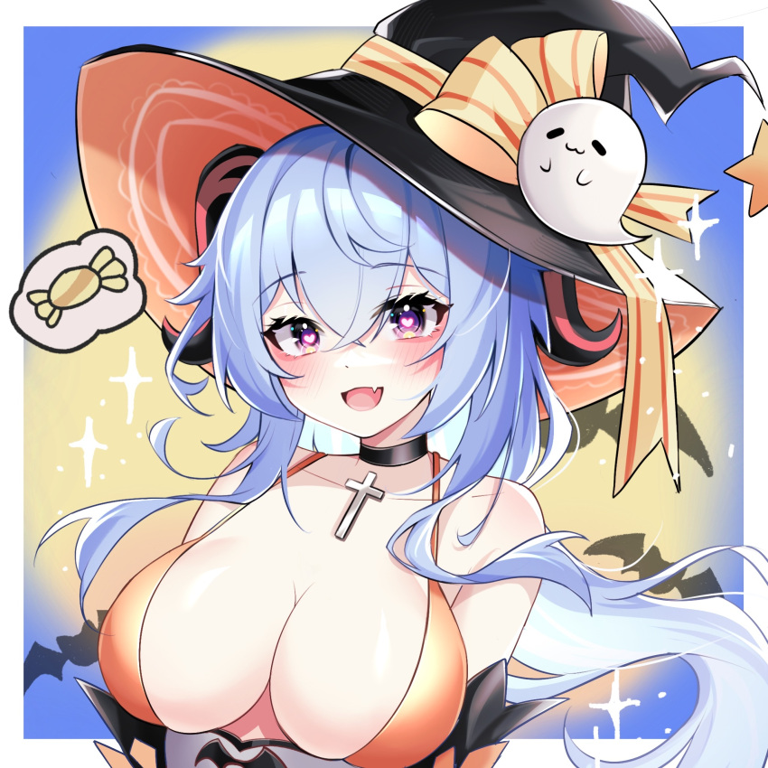 1girls adeptus artist_request barely_contained big_breasts blue_hair blush breasts choker ganyu_(genshin_impact) genshin_impact halloween heart-shaped_pupils horns purple_eyes qilin tight_clothing witch_costume witch_hat