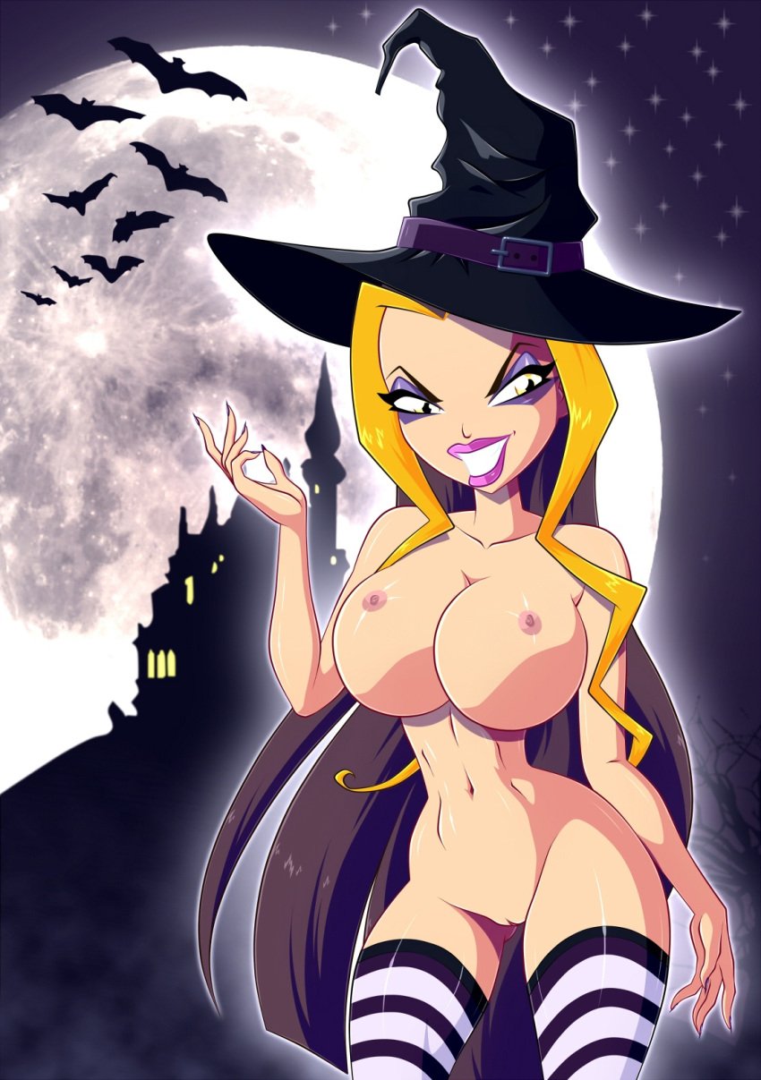 1girls 4kids_entertainment areolae big_breasts breasts darcy_(winx_club) eyeshadow female female_only green_hair halloween innie_pussy lipstick long_hair makeup nickelodeon nipples rainbow_(animation_studio) smile solo striped_legwear the_trix thighhighs thin_waist topless voluptuous wide_hips winx_club witch_hat yellow_eyes zfive