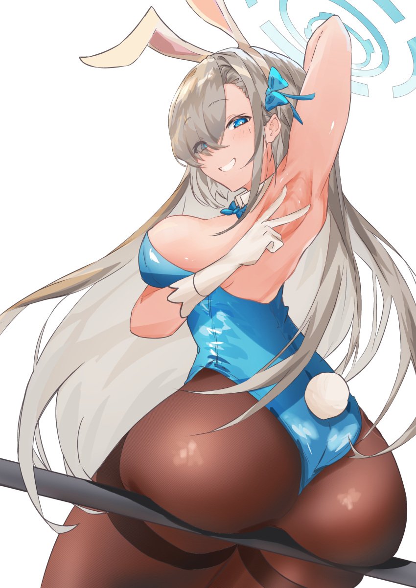 1girls 2021 arm_up armpit_fetish armpit_focus armpit_spread ass_focus asuna_(blue_archive) asuna_(bunny)_(blue_archive) big_breasts blonde_hair blue_archive blue_eyes breasts bunny_ears bunny_girl bunny_tail bunnysuit dat_ass eyebrows_visible_through_hair eyelashes female female_focus female_only leotard looking_at_viewer millennium_science_school_student ruru_nnnn sitting smile smiling solo solo_female solo_focus spreading_armpit thick_thighs thighs white_background