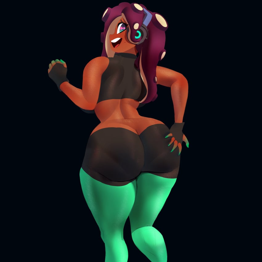 ass_focus ass_grab big_ass crop_top eathanontitan fingerless_gloves green_eyes green_leggings headphones huge_ass looking_at_viewer lower_body marina_(splatoon) octoling smiling_at_viewer splatoon tight_clothing viewed_from_behind