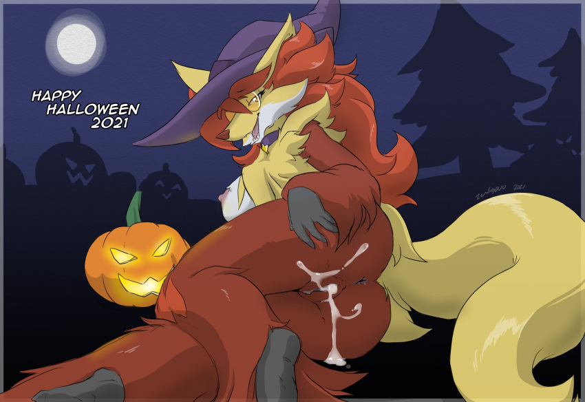 anthro anus ass bodily_fluids clothing cum delphox eyewear fur genital_fluids genitals glasses halloween hat headgear headwear hi_res holding_butt maya_del_phox multicolored_body multicolored_fur nintendo pokémon_(species) pokemon pussy video_games witch_hat zerofox1000