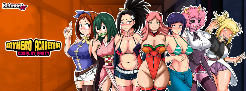 7girls asuka_langley_sohryu_(cosplay) belmont big_breasts bikini black_hair blush breasts brown_hair clothing cosplay crossover demon_slayer embarrassed eye_contact fairy_tail female female_only hair_ribbon halloween high_heel_boots high_school_dxd himiko_toga kamado_nezuko_(cosplay) kimetsu_no_yaiba kyoka_jiro large_breasts leotard long_hair looking_at_viewer lucy_heartfilia_(cosplay) mei_hatsume mina_ashido minishorts momo_yaoyorozu my_hero_academia nami_(one_piece)_(cosplay) neon_genesis_evangelion nipple_bulge ochako_uraraka one_piece pink_hair purple_hair rias_gremory_(cosplay) short_hair shorts skirt small_breasts standing stockings tengen_toppa_gurren_lagann thick_thighs thighhighs thighs thong tight_clothing tsuyu_asui whale_tail wide_hips yoko_littner yoko_littner_(cosplay)