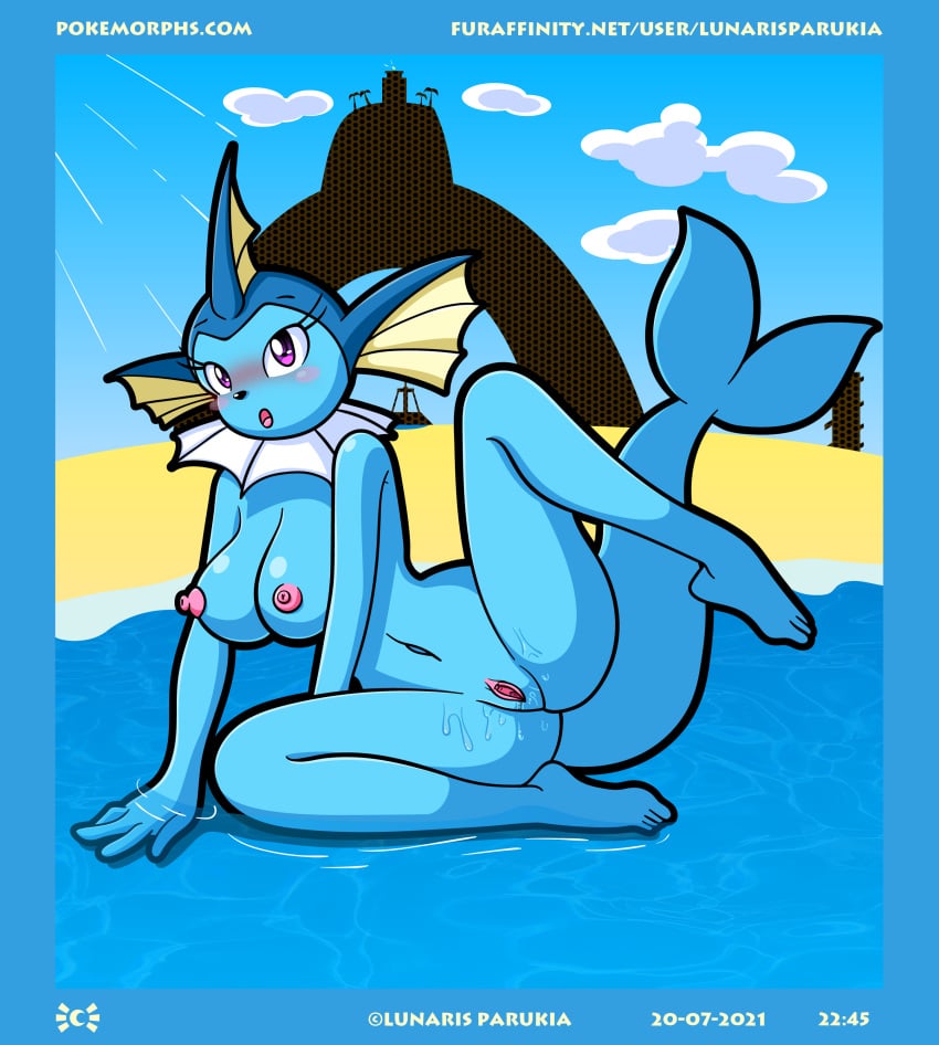 2021 absurd_res anthro anthrofied beach big_breasts blue_body blush bodily_fluids breasts digital_media_(artwork) ear_frill eeveelution exhibitionism feet female frill_(anatomy) genital_fluids genitals hi_res looking_at_viewer lunaris_parukia navel neck_frill nintendo nipples nude open_mouth outside partially_submerged pokémon_(species) pokemon pokemon_(species) pokemorph public public_nudity purple_eyes pussy pussy_juice seaside solo spread_legs spreading text url vaporeon video_games white_neck_frill