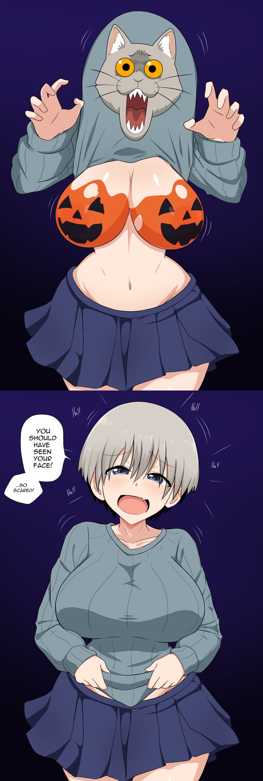 1girls big_breasts blue_eyes body_paint breasts eye_contact female grey_hair hagarza_p halloween huge_breasts large_breasts looking_at_viewer pumpkin_boobs short_hair skirt speech_bubble sweater text thick_thighs thighs uzaki-chan_wa_asobitai! uzaki_hana wide_hips