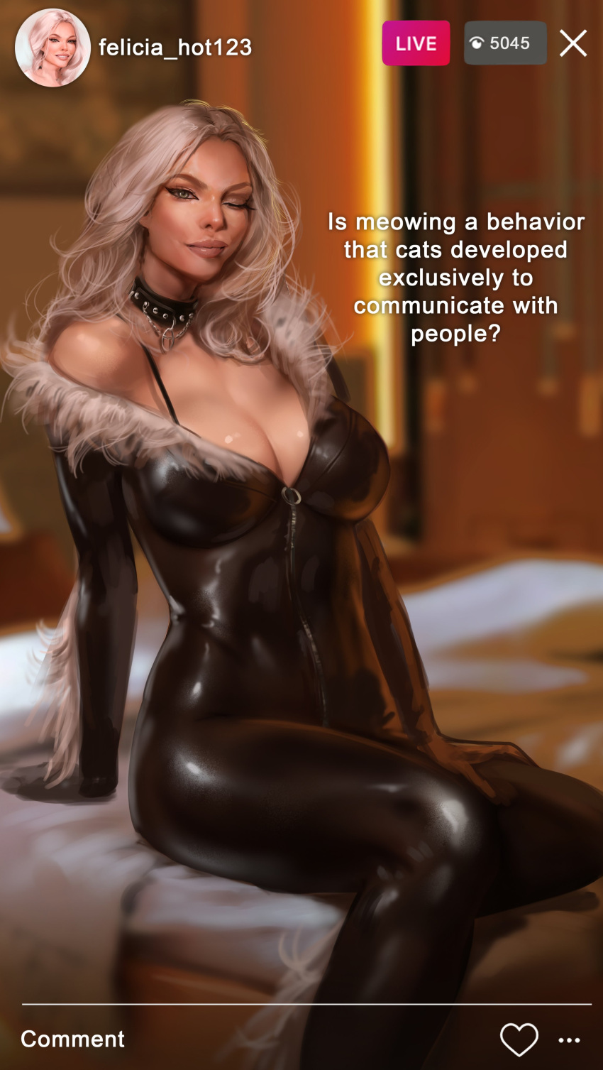 big_breasts black_cat_(marvel) breasts catsuit english_text felicia_hardy high_resolution highres looking_at_viewer marvel marvel_comics on_bed one_eye_closed sitting text tixnen white_hair