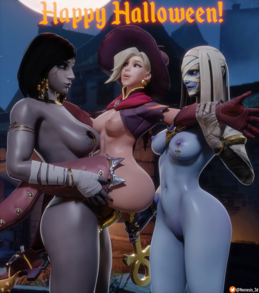 3d 3girls ana_amari big_breasts blue_skin breasts dildo double_penetration female female_only fit fit_female gold gold_jewelry grey_skin halloween improvised_sex_toy mercy mummy nemesis_3d nipple_piercing overwatch pharah pharaoh_ana possessed_pharah pussy shiny_skin single_nipple_ring strap-on thick_thighs thighs witch_hat witch_mercy wrappings yuri